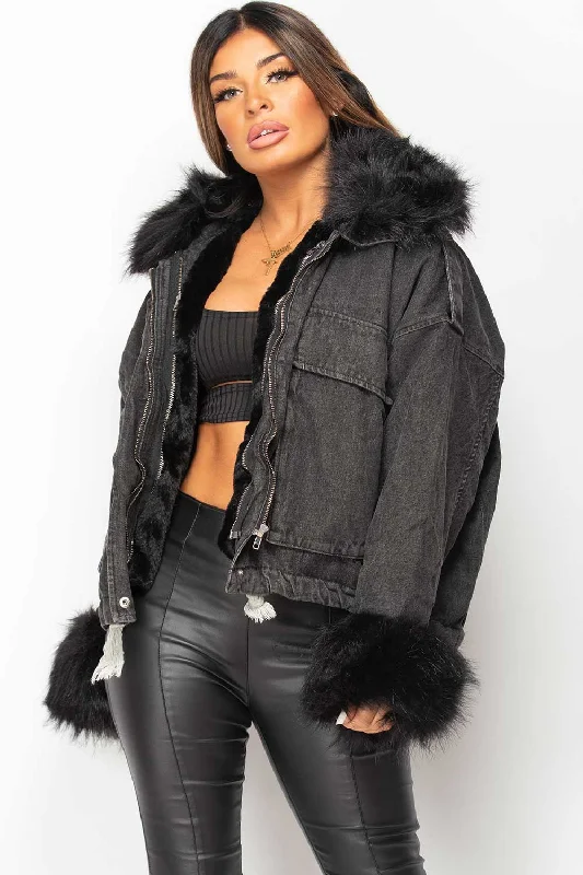 Black Denim Faux Fur Oversized Jacket Fitted Jacket Loose Jacket Oversized Jacket