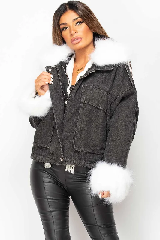 Black Denim Oversized Jacket With White Faux Fur Welt Pockets Slit Pockets Flap Pockets Black Denim Oversized Jacket With White Faux Fur Welt Pockets Slit Pockets Flap Pockets