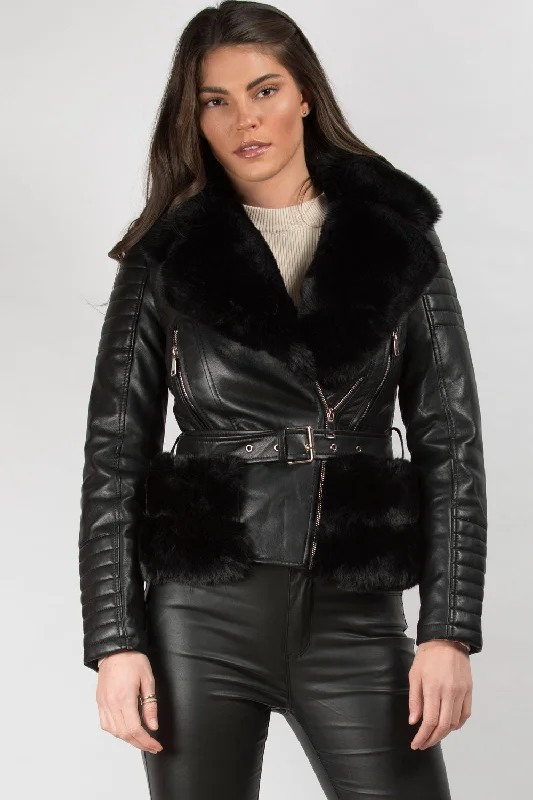 Black Faux Fur Faux Leather Belted Jacket Snapped Jacket Toggled Jacket Drawstring Jacket