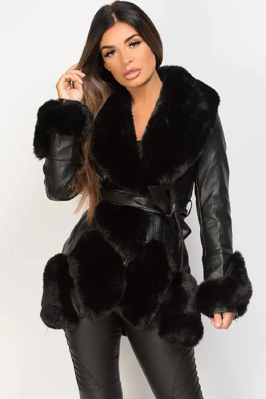 Black Faux Leather Belted Jacket With Faux Fur Trim Denim Fabric Leather Fabric Suede Fabric