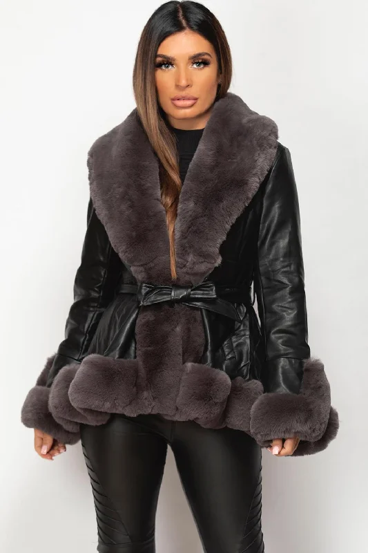 Black Faux Leather Faux Fur Belted Jacket Appliqued Jacket Beaded Jacket Sequined Jacket Black Faux Leather Faux Fur Belted Jacket Appliqued Jacket Beaded Jacket Sequined Jacket