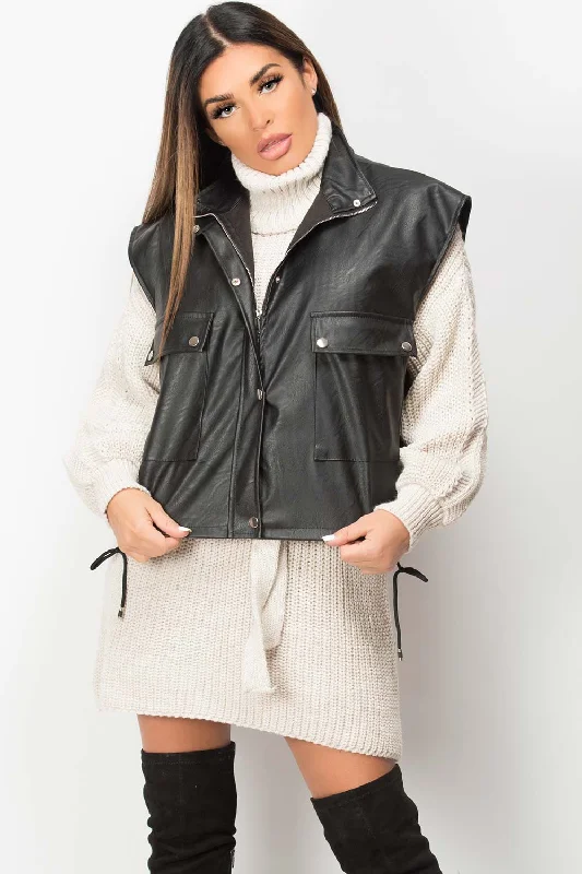 Black Faux Leather Sleeveless Jacket Wool Fabric Cashmere Fabric Tweed Fabric