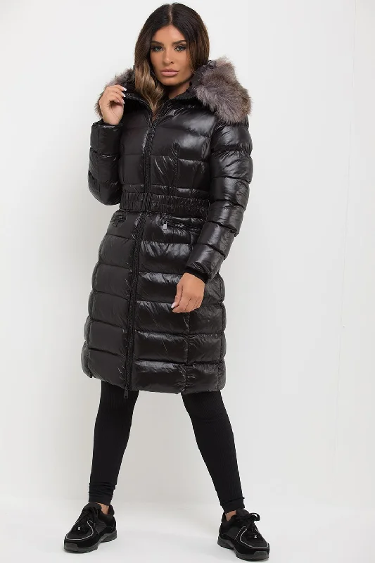 Black Long Puffer Padded Jacket With Faux Fur Hood & Belt Satin Jacket Silk Jacket Chiffon Jacket Black Long Puffer Padded Jacket With Faux Fur Hood & Belt Satin Jacket Silk Jacket Chiffon Jacket