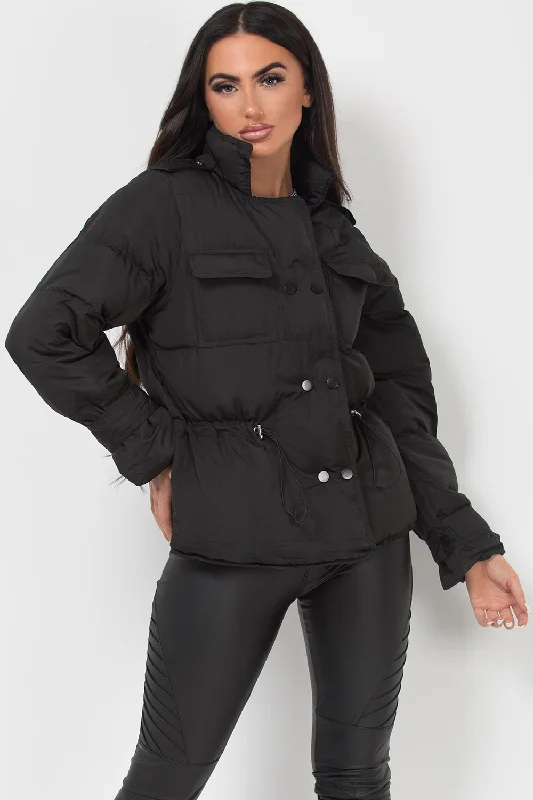 Black Puffer Jacket With Elasticated Drawstring Mesh Jacket Canvas Jacket Denim Jacket