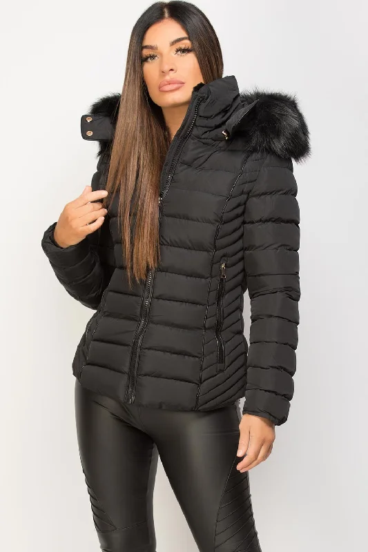 Black Puffer Jacket With Faux fur Hood And Quilted Detail Rayon Fabric Velvet Fabric Corduroy Fabric