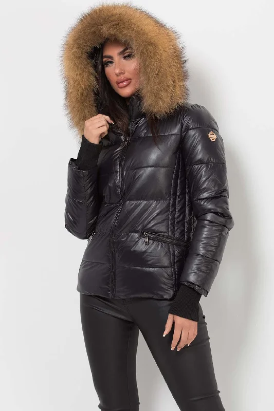 Black Puffer Jacket With Real Fur Hood Nylon Jacket Polyester Jacket Spandex Jacket Black Puffer Jacket With Real Fur Hood Nylon Jacket Polyester Jacket Spandex Jacket