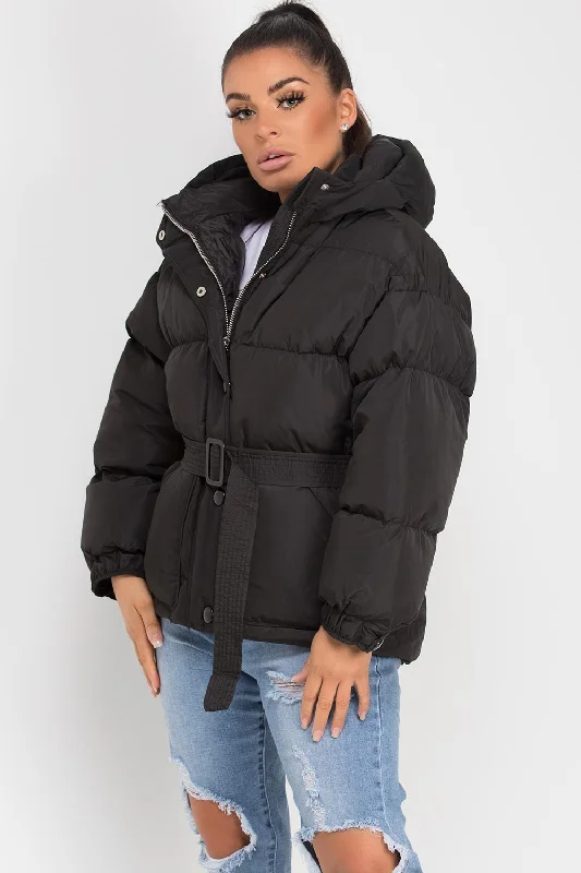 Black Puffer Padded Jacket With Belt Front Pockets Side Pockets Patch Pockets