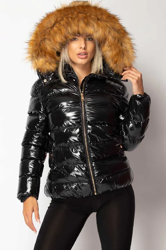 Black Shiny Puffer Jacket With Chunky Fur Hood Knit Fabric Woven Fabric Fleece Fabric Black Shiny Puffer Jacket With Chunky Fur Hood Knit Fabric Woven Fabric Fleece Fabric