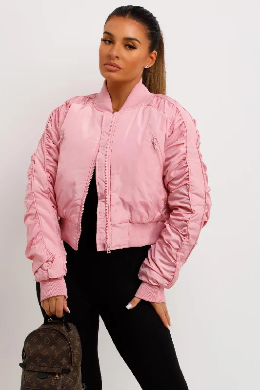 Bomber Jacket With Ruched Sleeves Pink Insulated Jacket Fitted Jacket Loose Jacket