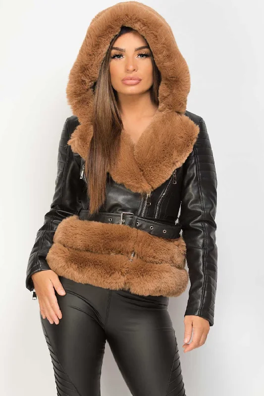 Brown Faux Fur Hooded Faux Leather Belted Jacket Wool Fabric Cashmere Fabric Tweed Fabric