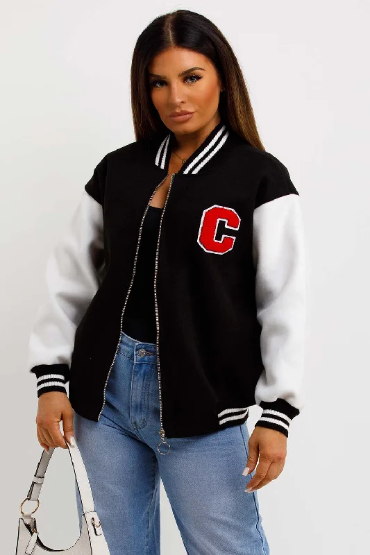 C Slogan Varsity Bomber Jacket Black And White Quilted Jacket Puffer Jacket Insulated Jacket C Slogan Varsity Bomber Jacket Black And White Quilted Jacket Puffer Jacket Insulated Jacket