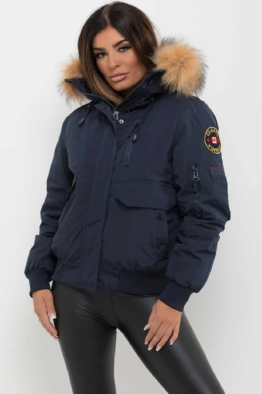 Canada Bomber Jacket With Fur Hood Navy Zippered Front Buttoned Front Snap Front