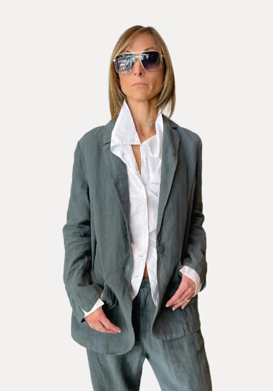 Comfort Fit Linen Jacket - Blue Stand-Up Collar Roll-Neck Collar Turtle Neck