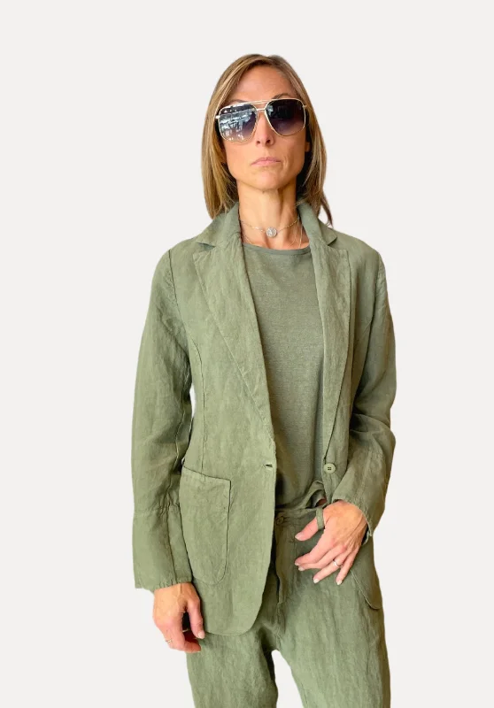 Comfort Fit Linen Jacket - Green Front Pockets Side Pockets Patch Pockets