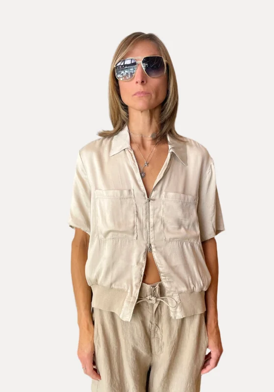 Comfort Fit Stretch Silk Satin Jacket - Sand Boat Neck Shawl Collar Notched Collar