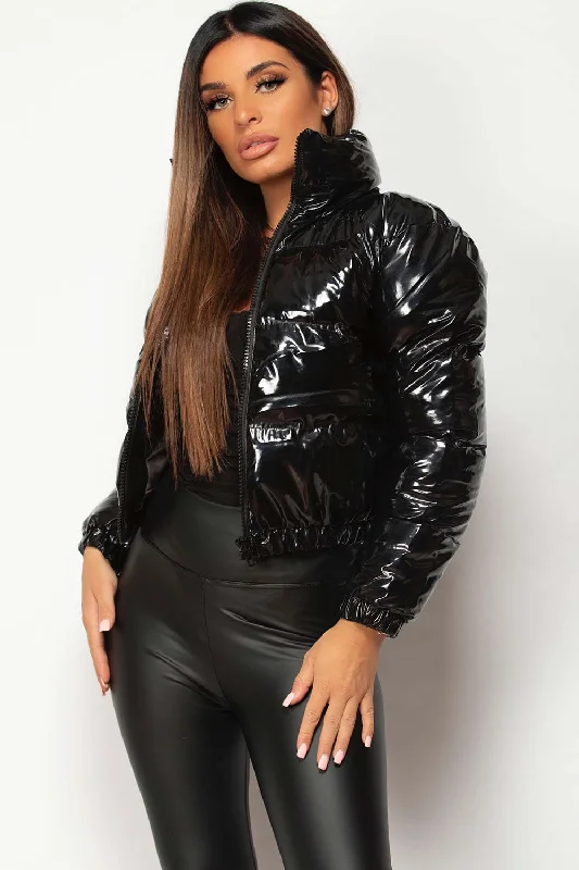Black Shiny Vinyl Puffer Jacket Cropped Cotton Fabric Linen Fabric Terry Fabric