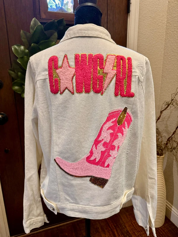 Cowgirl Patched Denim Jacket Trench Coat Raincoat Waterproof Jacket
