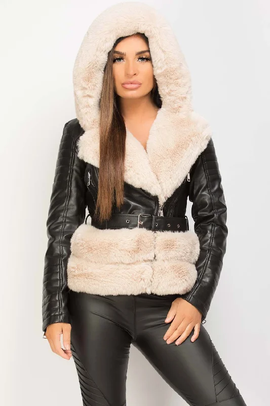 Cream Faux Fur Hooded Faux Leather Belted Jacket Print Jacket Jacquard Jacket Embroidered Jacket Cream Faux Fur Hooded Faux Leather Belted Jacket Print Jacket Jacquard Jacket Embroidered Jacket
