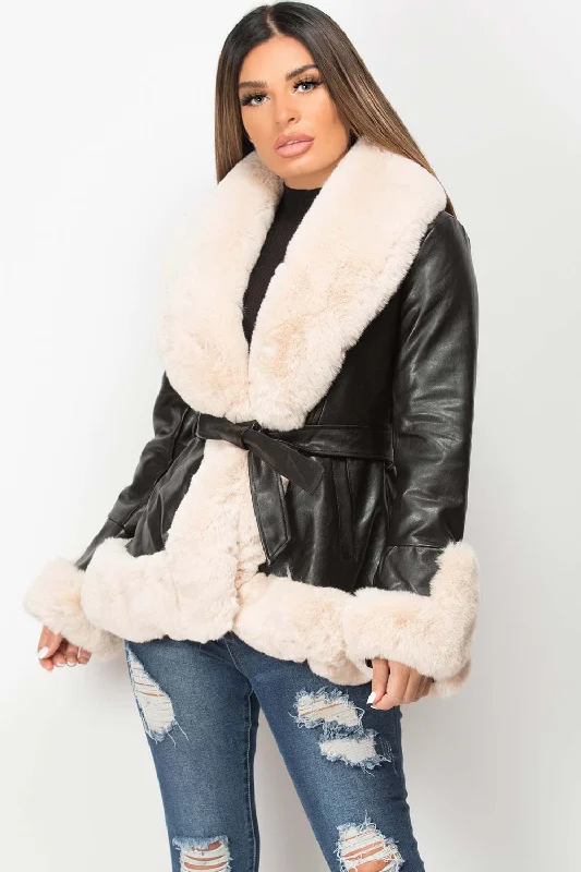 Faux Leather Belted Jacket With Cream Faux Fur Front Pockets Side Pockets Patch Pockets Faux Leather Belted Jacket With Cream Faux Fur Front Pockets Side Pockets Patch Pockets