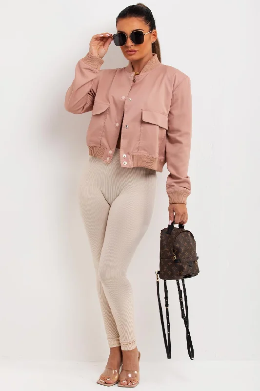 Crop Bomber Jacket Blush Welt Pockets Slit Pockets Flap Pockets