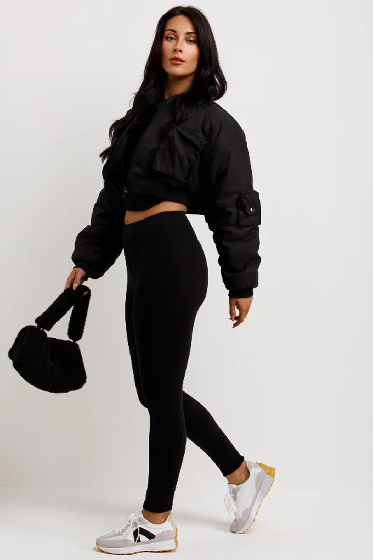 Crop Bomber Jacket With Pockets Black Satin Fabric Silk Fabric Chiffon Fabric