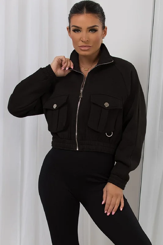 Crop Jacket With Pocket Detail Black Tiered Jacket Buttoned Jacket Zippered Jacket