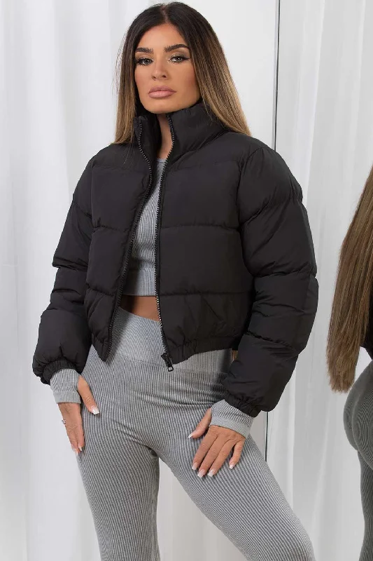 Crop Puffer Jacket Black Zippered Front Buttoned Front Snap Front