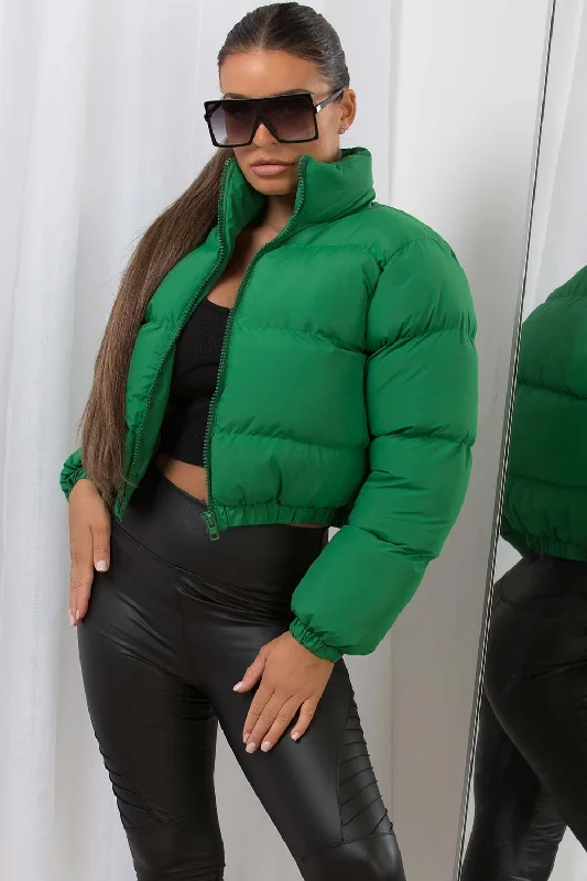Crop Puffer Jacket Green Welt Pockets Slit Pockets Flap Pockets