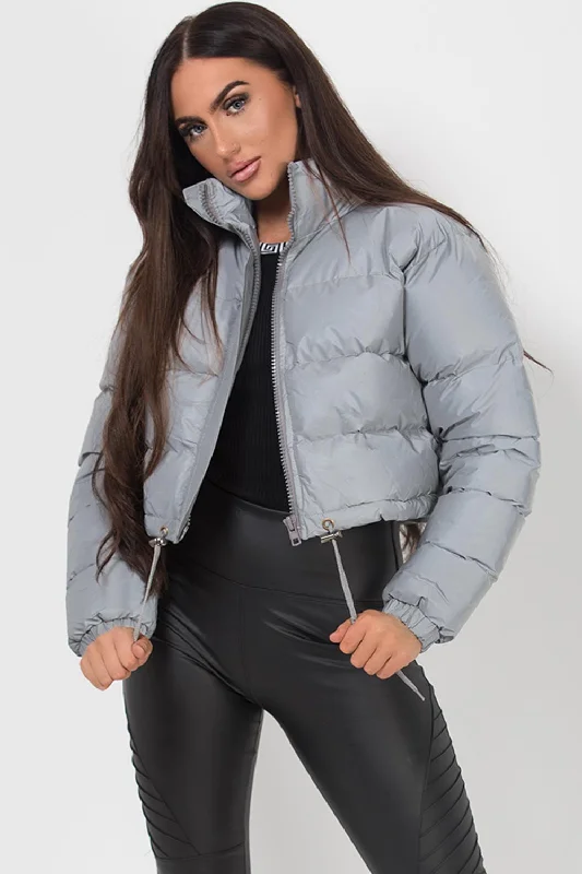 Crop Puffer Jacket Grey Reflective Lace Jacket Ribbed Jacket Sequined Jacket