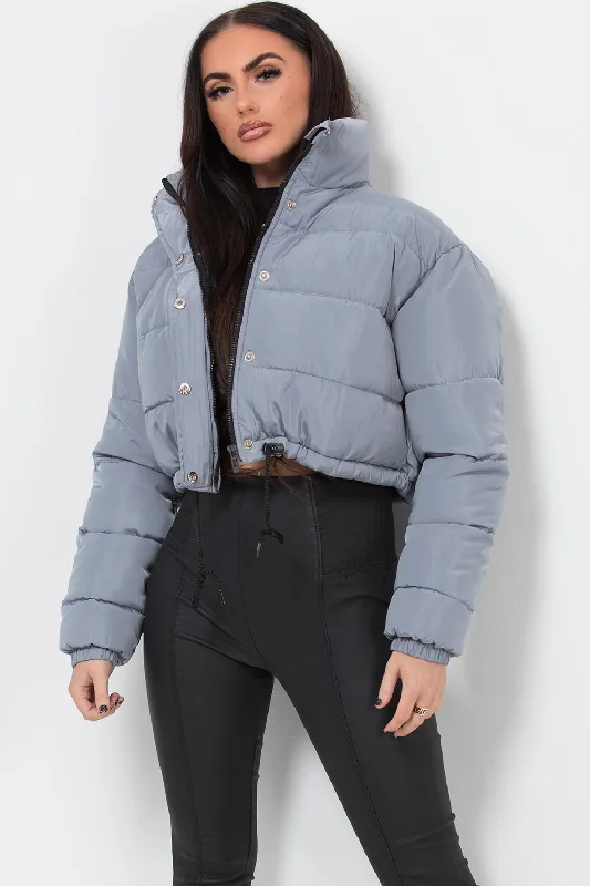 Crop Puffer Jacket Grey Ribbed Jacket Pleated Jacket Ruffled Jacket