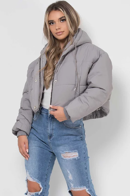 Crop Puffer Jacket With Hood Grey Toggled Jacket Drawstring Jacket Belted Jacket