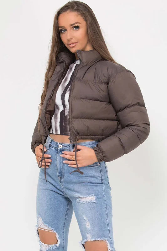 Cropped Padded Puffer Jacket Brown Herringbone Jacket Checkered Jacket Solid Jacket