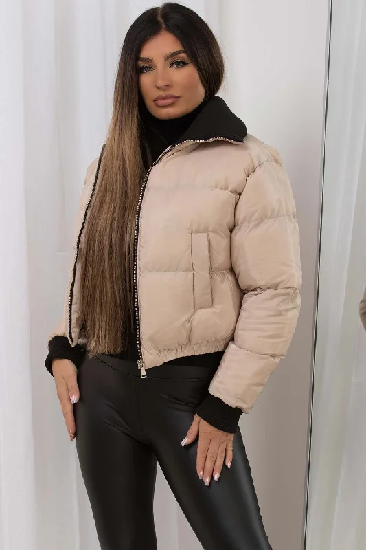 Cropped Puffer Jacket With Rib Collar Beige Zip Front Button Front Snap Front