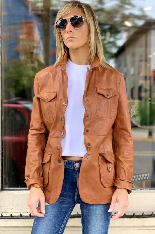 Delphine Leather Jacket - Cognac Stand-Up Collar Roll-Neck Collar Turtle Neck