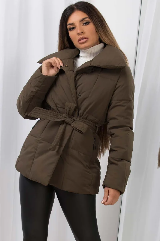 Duvet Padded Jacket With Belt Khaki Nylon Fabric Polyester Fabric Spandex Fabric