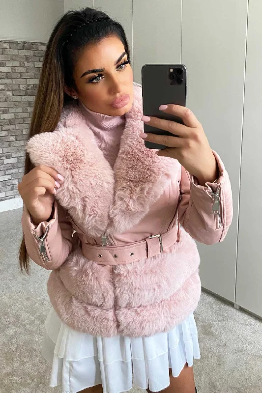 Faux Fur Faux Leather Belted Jacket Pink Nylon Jacket Polyester Jacket Spandex Jacket Faux Fur Faux Leather Belted Jacket Pink Nylon Jacket Polyester Jacket Spandex Jacket