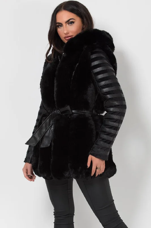 Faux Fur Faux Leather Hooded Panelled Sleeve Jacket Black One-Shoulder Jacket Off-the-Shoulder Jacket Asymmetrical Jacket Faux Fur Faux Leather Hooded Panelled Sleeve Jacket Black One-Shoulder Jacket Off-the-Shoulder Jacket Asymmetrical Jacket