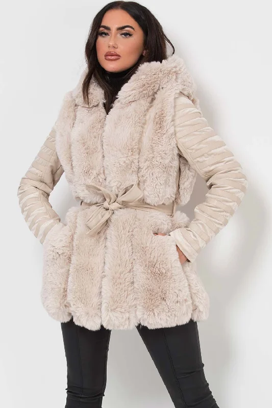 Faux Fur Faux Leather Hooded Panelled Sleeve Jacket Cream Stand-Up Collar Roll-Neck Collar Turtle Neck Faux Fur Faux Leather Hooded Panelled Sleeve Jacket Cream Stand-Up Collar Roll-Neck Collar Turtle Neck