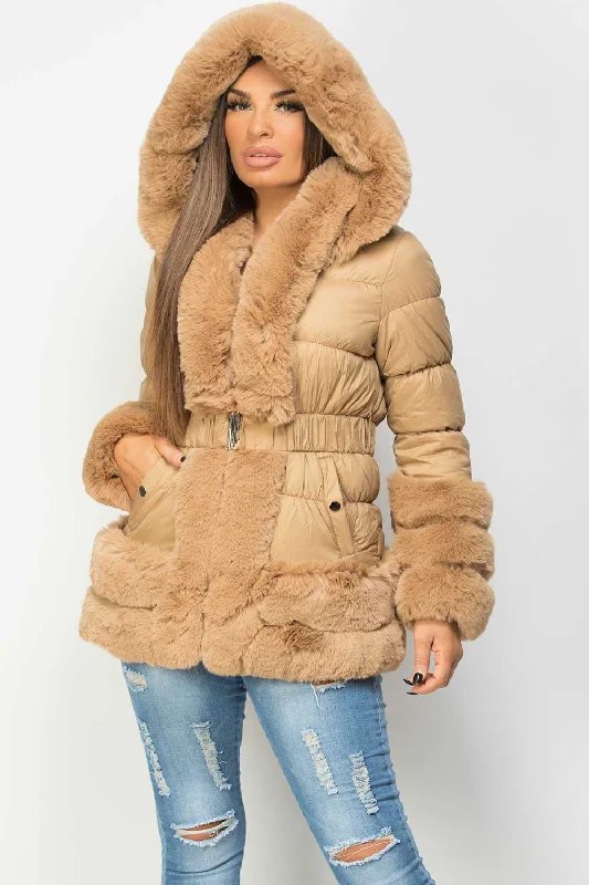 Faux Fur Trim Puffer Hooded Down Jacket With Belt Camel Jacket Blazer Coat