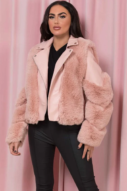 Faux Leather Aviator Jacket With Faux Fur Pink Satin Jacket Silk Jacket Chiffon Jacket