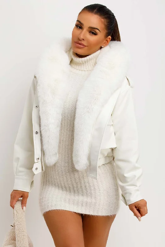 Faux Leather Bomber Jacket With Faux Fur Hood White Nylon Fabric Polyester Fabric Spandex Fabric Faux Leather Bomber Jacket With Faux Fur Hood White Nylon Fabric Polyester Fabric Spandex Fabric