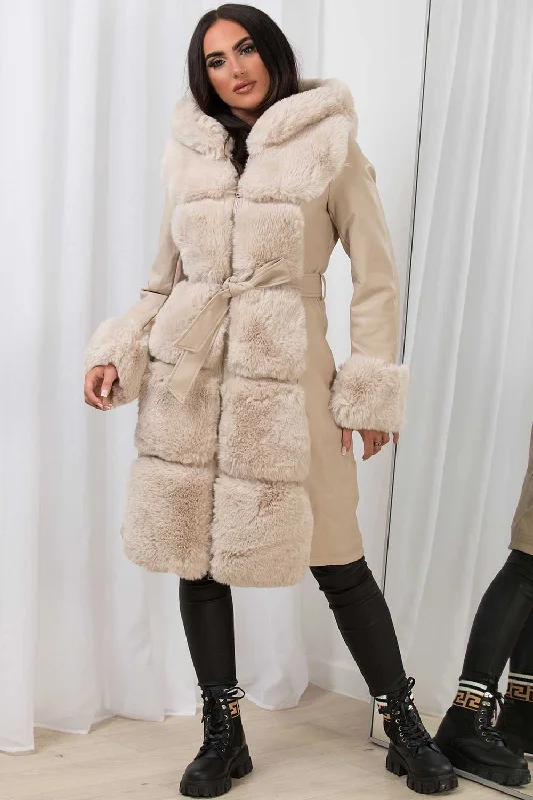 Faux Leather Faux Fur Longline Hooded Jacket Beige Denim Fabric Leather Fabric Suede Fabric