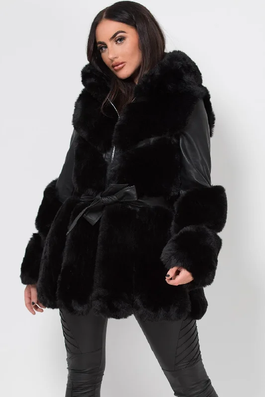 Faux Leather Faux Fur Panel Hooded Jacket With Belt Black Mesh Jacket Canvas Jacket Denim Jacket Faux Leather Faux Fur Panel Hooded Jacket With Belt Black Mesh Jacket Canvas Jacket Denim Jacket