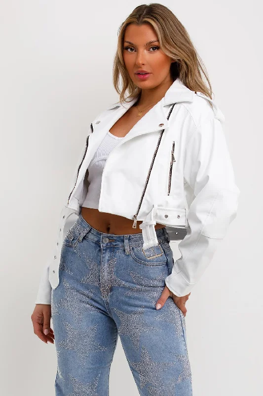 Faux Leather Jacket White Toggled Jacket Drawstring Jacket Belted Jacket