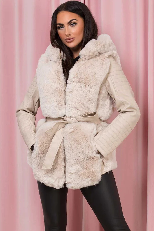 Faux Leather Jacket With Faux Fur Panel Cream Print Jacket Jacquard Jacket Patchwork Jacket Faux Leather Jacket With Faux Fur Panel Cream Print Jacket Jacquard Jacket Patchwork Jacket