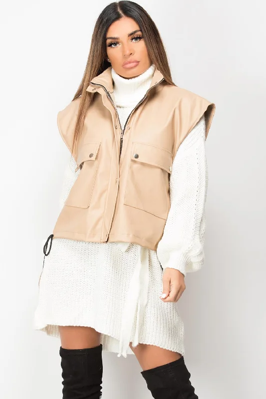 Faux Leather Sleeveless Jacket Beige Chenille Fabric Brocade Fabric Lace Fabric