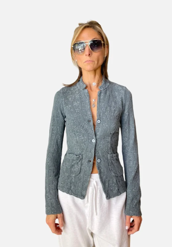 Floral Cotton Linen Jacquard Knitted Jacket - Blue Fleece Jacket Down Jacket Parka