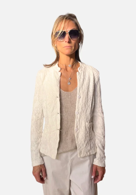 Floral Cotton Linen Jacquard Knitted Jacket - Ivory Rayon Fabric Velvet Fabric Corduroy Fabric