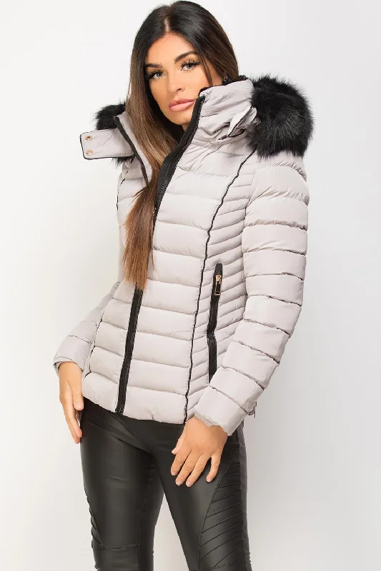 Grey Puffer Jacket With Faux fur Hood And Quilted Detail Jacket Blazer Coat