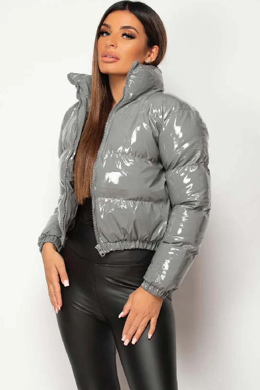 Grey Shiny Vinyl Puffer Jacket Cropped Denim Jacket Leather Jacket Suede Jacket